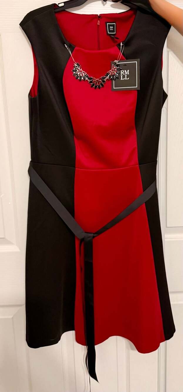 RMLL Fit & Flare Rhinestone Tie Waist Scuba Dress Black Red